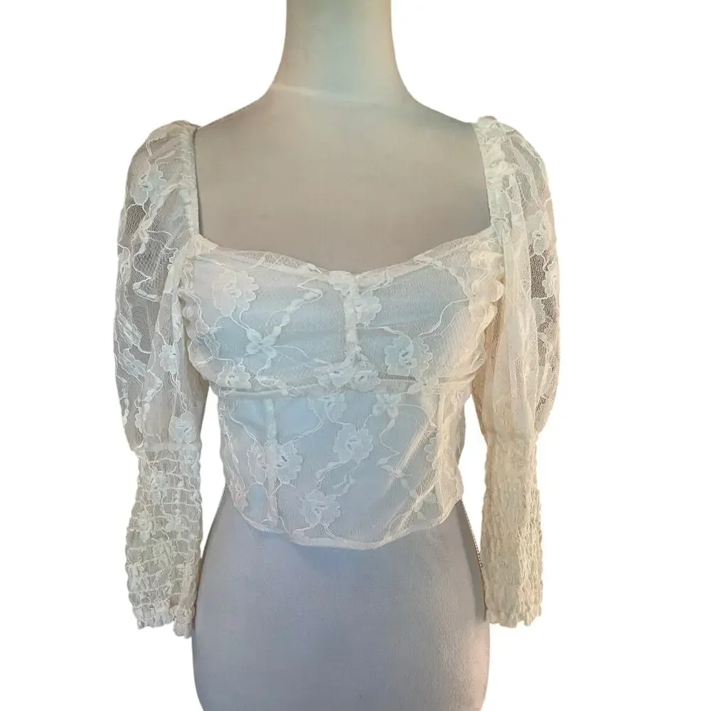 H&M Divided White Lace Milkmaid Crop Top Long Smocked Sleeve Cottagecore
